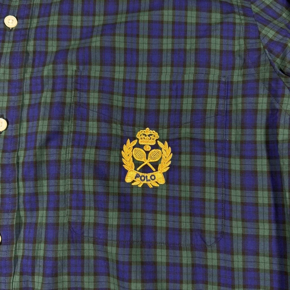 NWT Polo Ralph‎ Lauren Crest Crown Poplin Plaid Button Shirt Classic Fit Green